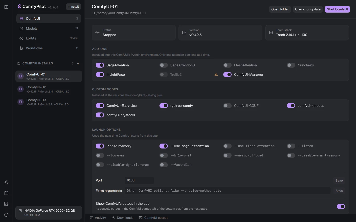 ComfyPilot showing a ComfyUI install with its add-ons, custom nodes and launch options