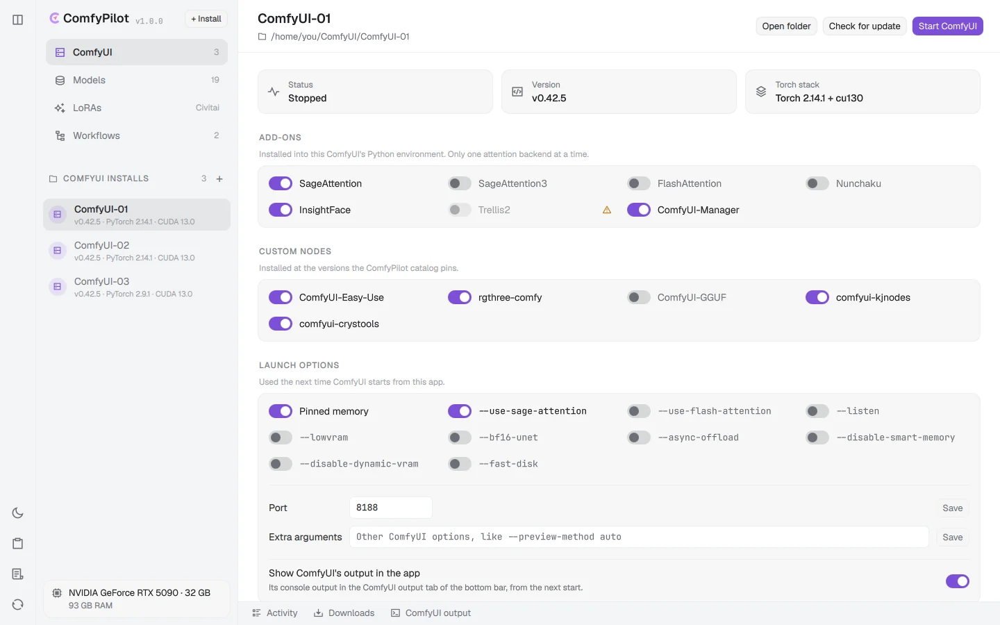 ComfyPilot in the light theme, showing a ComfyUI install