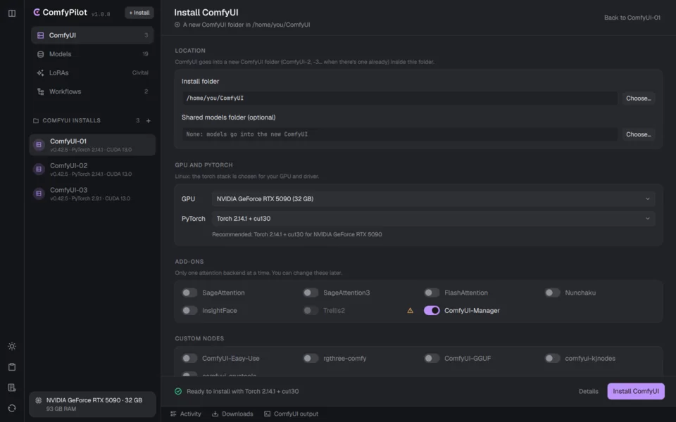 Installing ComfyUI: install folder, GPU and PyTorch choice, add-ons and custom nodes
