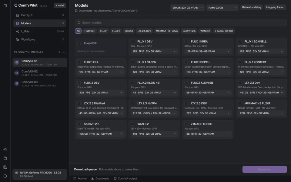 The model catalog with variants filtered for 32 GB of VRAM
